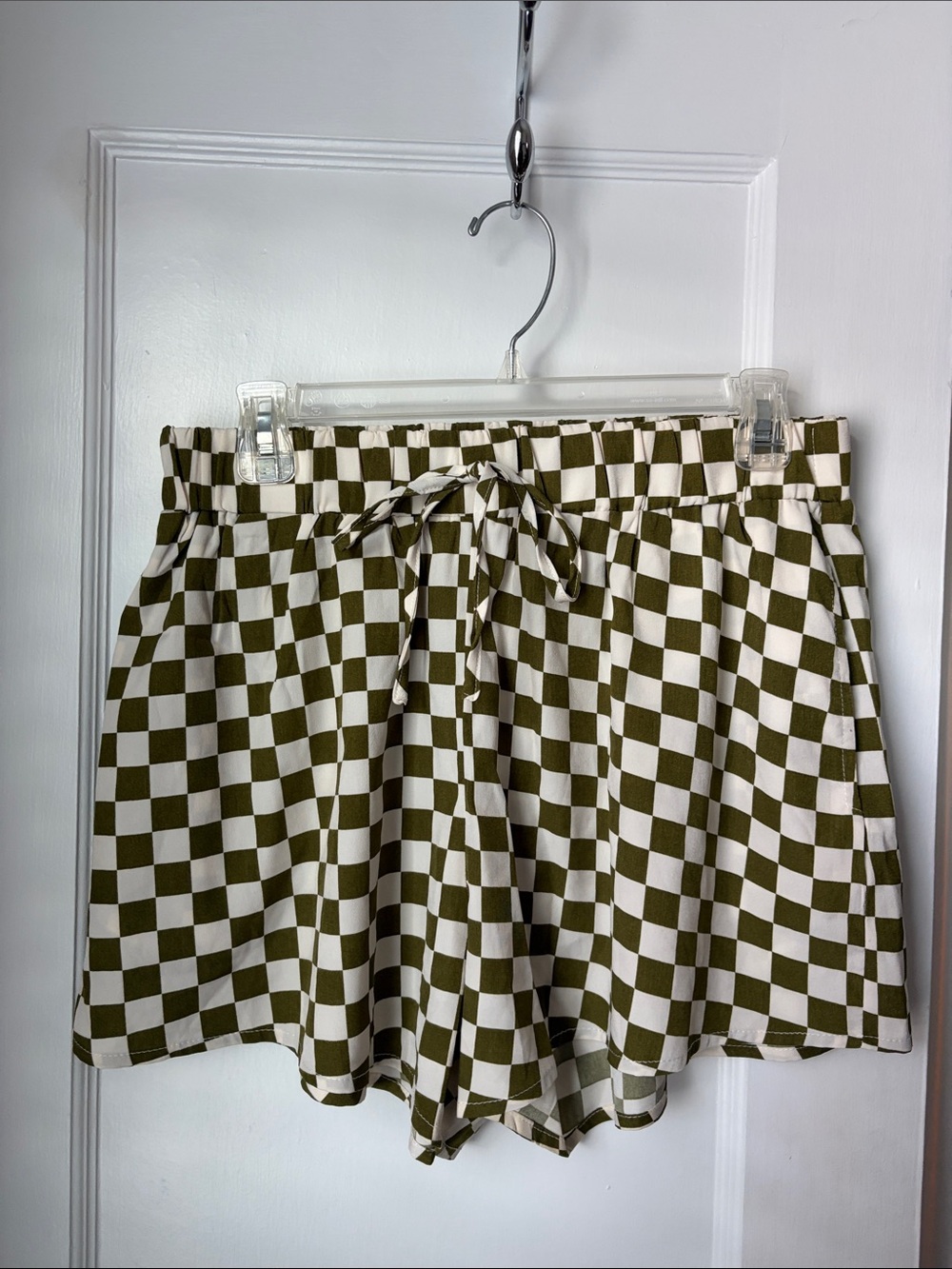 High-Waist Olive Checkerboard Drawstring Shorts